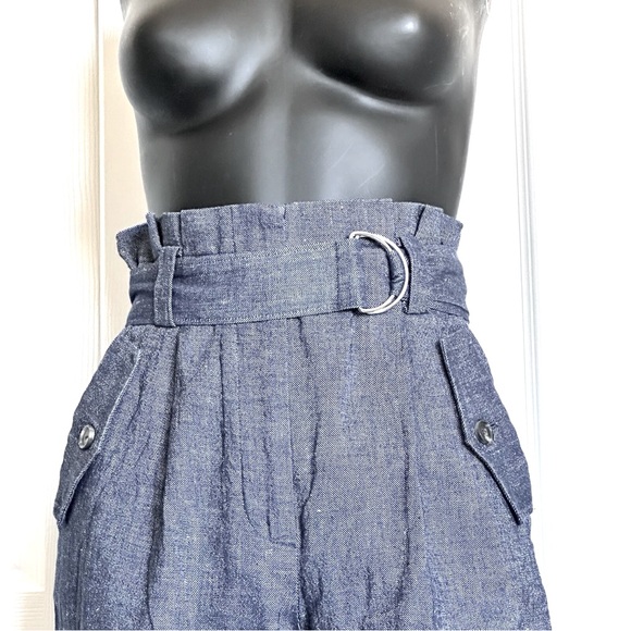 A.L.C. Pant High Waist Belt 0/2 Indigo Blue Chambray Italian Linen Tapered Ankle - Picture 9 of 15